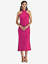 Front View Thumbnail - Think Pink Draped Twist Halter Tie-Back Midi Dress - Paloma