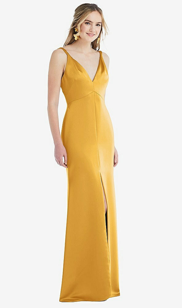 Front View - NYC Yellow Twist Strap Maxi Slip Dress with Front Slit - Neve