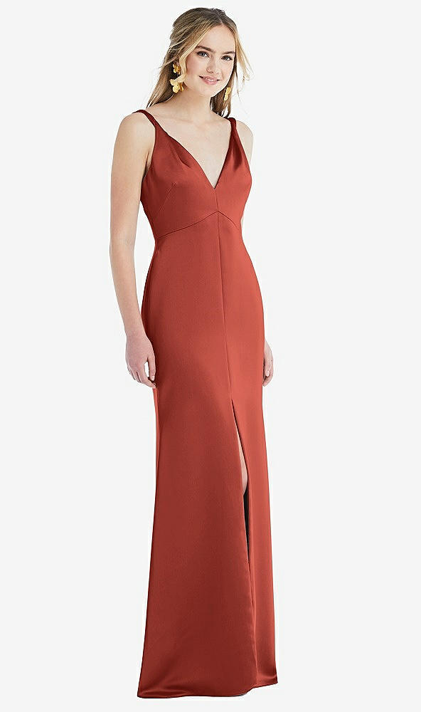 Front View - Amber Sunset Twist Strap Maxi Slip Dress with Front Slit - Neve