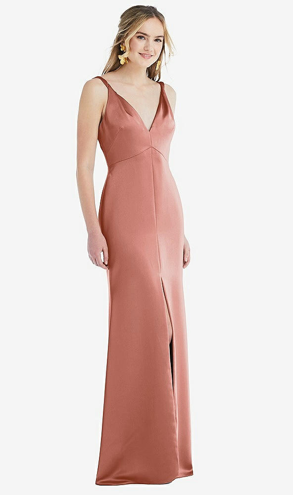 Front View - Desert Rose Twist Strap Maxi Slip Dress with Front Slit - Neve