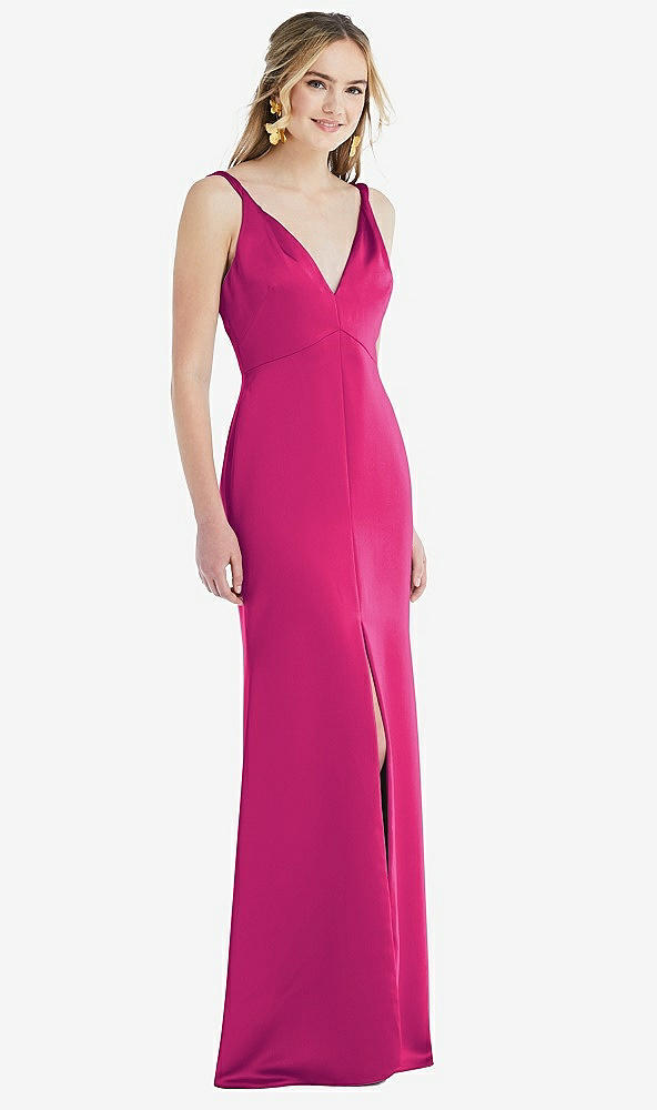 Front View - Think Pink Twist Strap Maxi Slip Dress with Front Slit - Neve