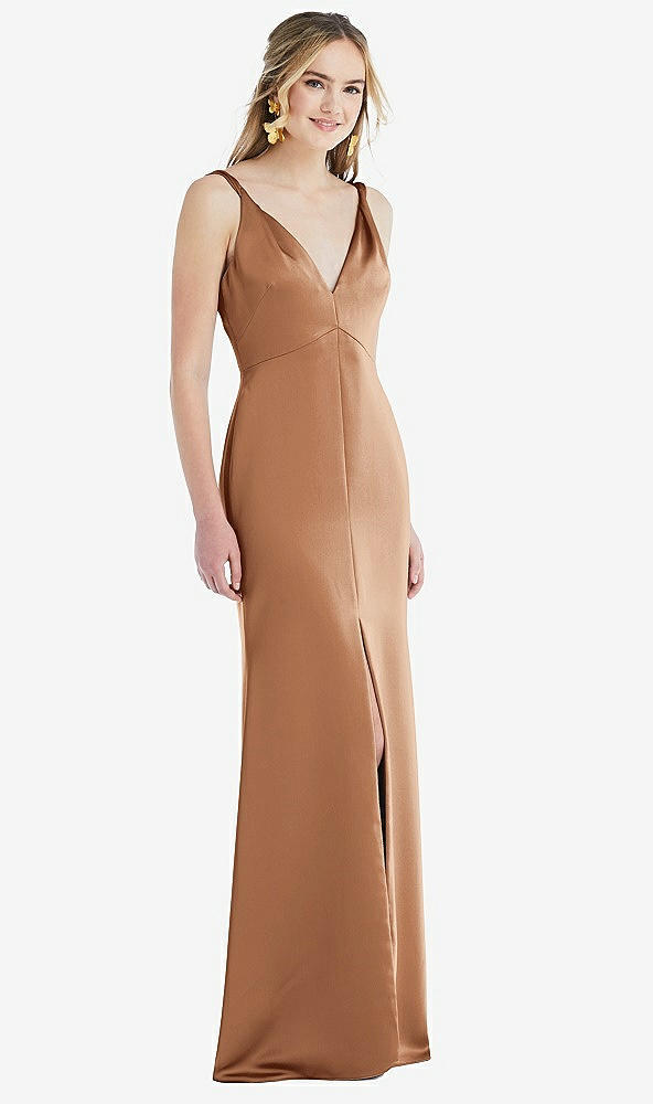 Front View - Toffee Twist Strap Maxi Slip Dress with Front Slit - Neve