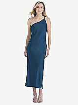 Front View Thumbnail - Dusk Blue One-Shoulder Asymmetrical Midi Slip Dress