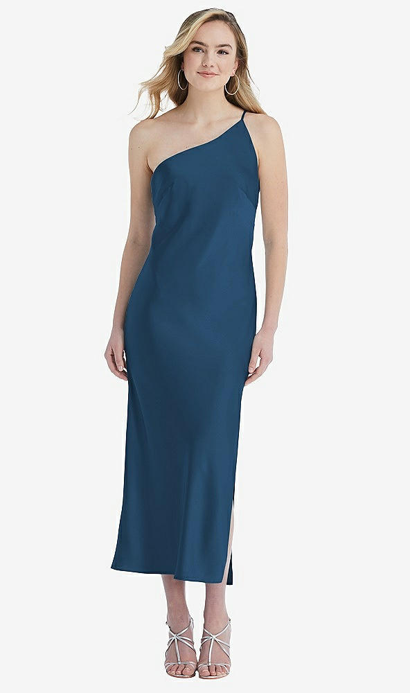 Front View - Dusk Blue One-Shoulder Asymmetrical Midi Slip Dress