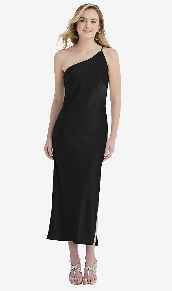 Front View - Black One-Shoulder Asymmetrical Midi Slip Dress