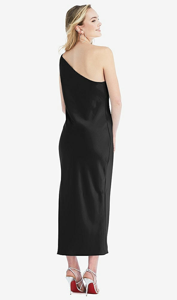 Back View - Black One-Shoulder Asymmetrical Midi Slip Dress