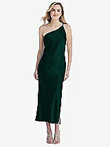 Front View Thumbnail - Evergreen One-Shoulder Asymmetrical Midi Slip Dress