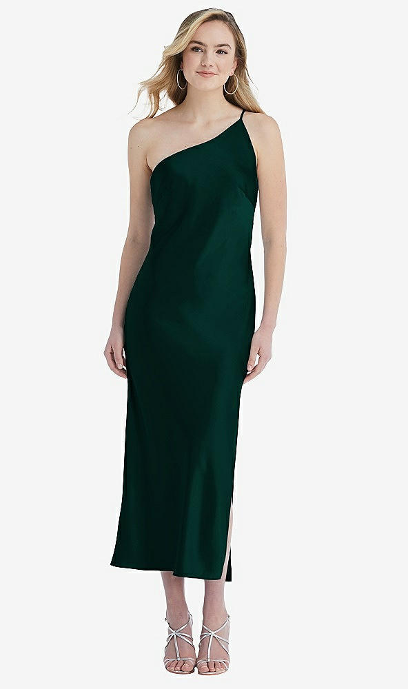 Front View - Evergreen One-Shoulder Asymmetrical Midi Slip Dress