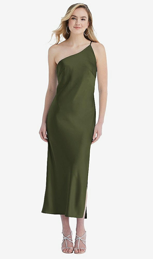 Front View - Olive Green One-Shoulder Asymmetrical Midi Slip Dress