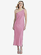 Front View Thumbnail - Powder Pink One-Shoulder Asymmetrical Midi Slip Dress