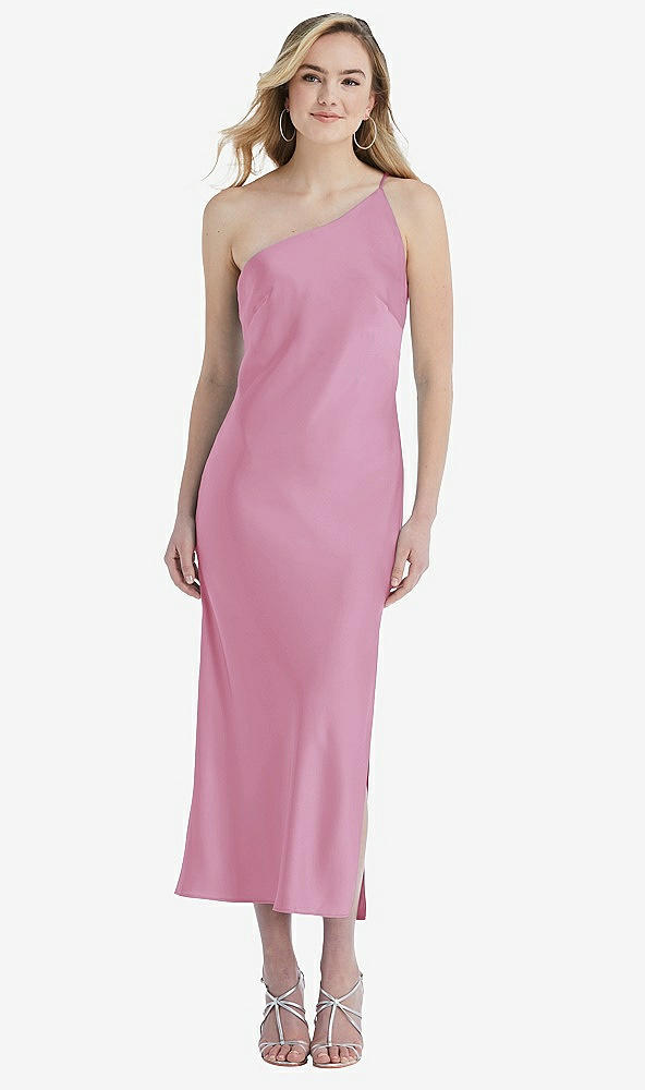 Front View - Powder Pink One-Shoulder Asymmetrical Midi Slip Dress