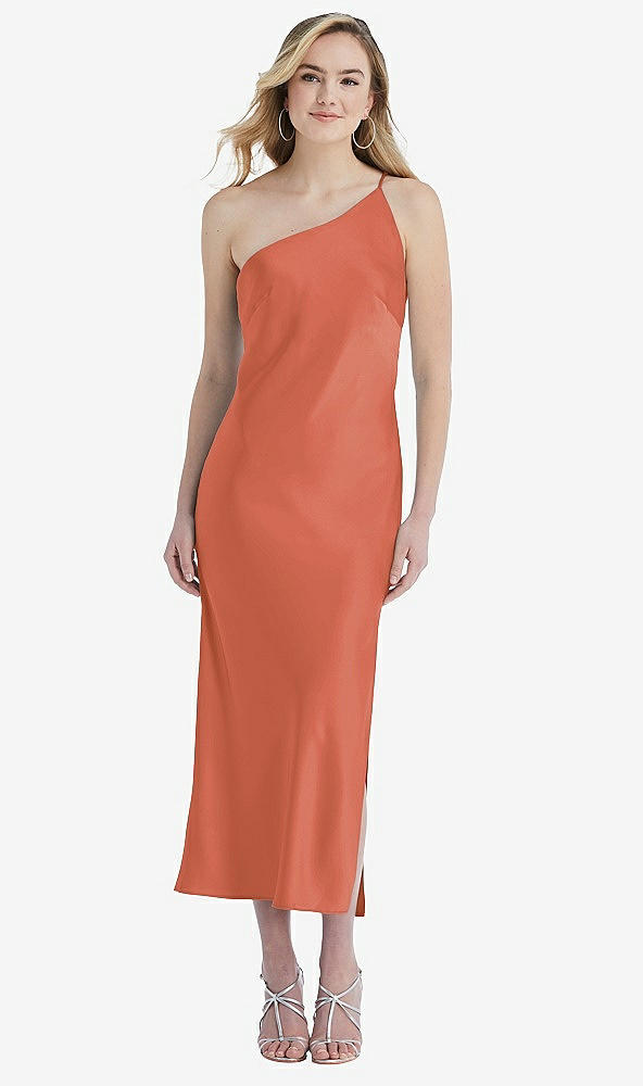 Front View - Terracotta Copper One-Shoulder Asymmetrical Midi Slip Dress