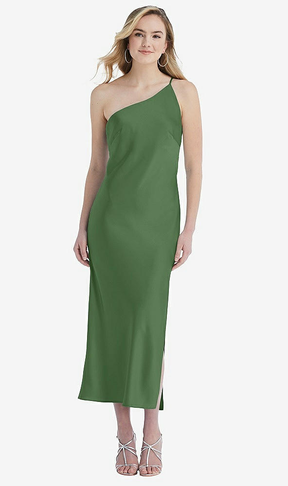Front View - Vineyard Green One-Shoulder Asymmetrical Midi Slip Dress