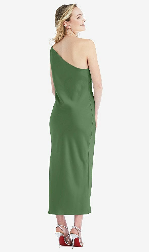 Back View - Vineyard Green One-Shoulder Asymmetrical Midi Slip Dress