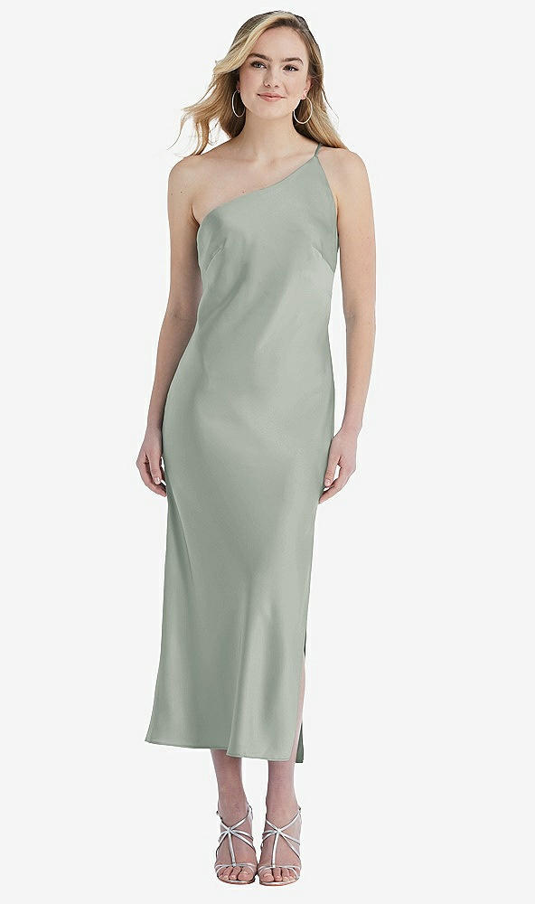 Front View - Willow Green One-Shoulder Asymmetrical Midi Slip Dress