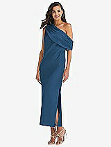 Front View Thumbnail - Dusk Blue Draped One-Shoulder Convertible Midi Slip Dress