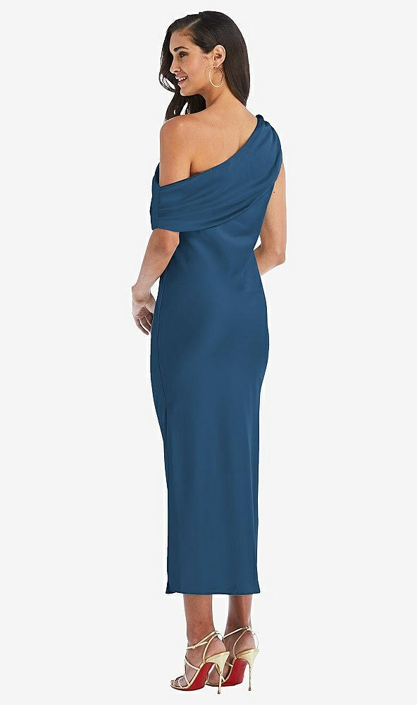 Back View - Dusk Blue Draped One-Shoulder Convertible Midi Slip Dress