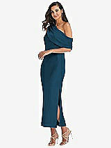 Side View Thumbnail - Atlantic Blue Draped One-Shoulder Convertible Midi Slip Dress