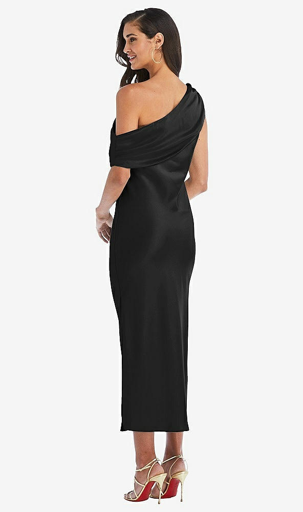 Back View - Black Draped One-Shoulder Convertible Midi Slip Dress