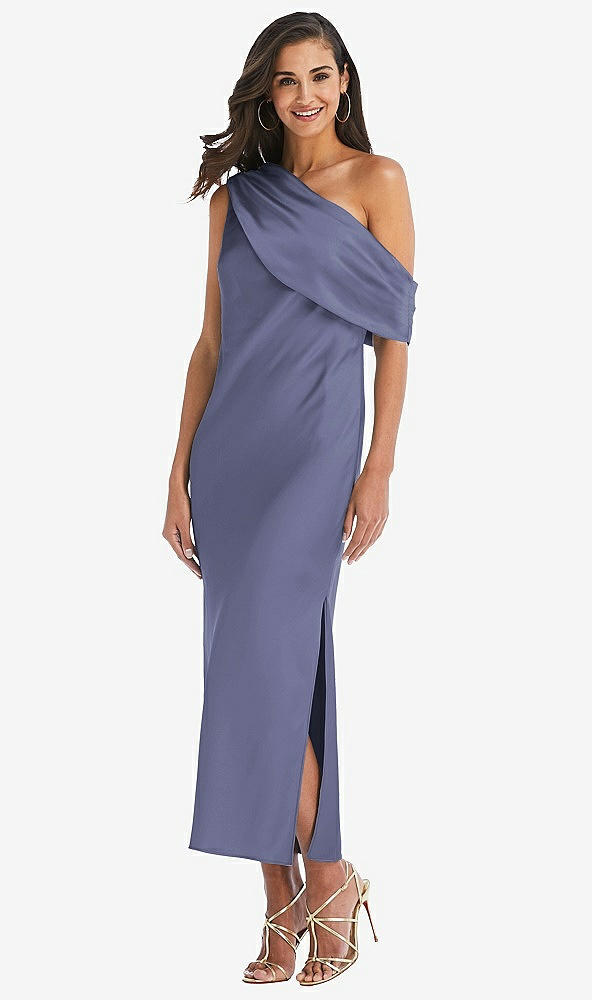 Front View - French Blue Draped One-Shoulder Convertible Midi Slip Dress