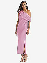 Front View Thumbnail - Powder Pink Draped One-Shoulder Convertible Midi Slip Dress
