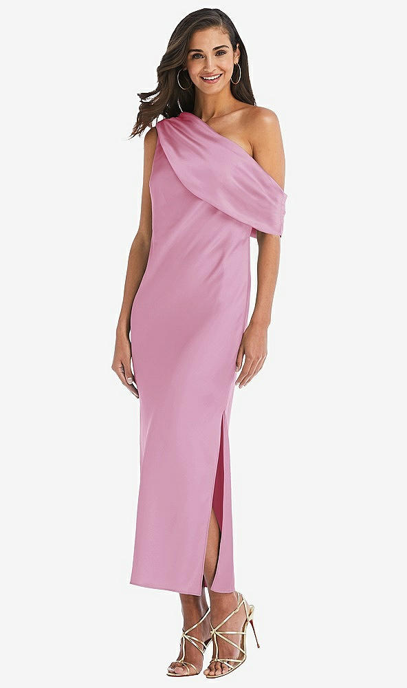 Front View - Powder Pink Draped One-Shoulder Convertible Midi Slip Dress