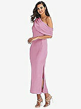Side View Thumbnail - Powder Pink Draped One-Shoulder Convertible Midi Slip Dress