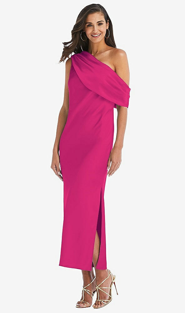 Front View - Think Pink Draped One-Shoulder Convertible Midi Slip Dress