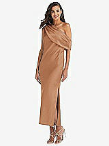 Front View Thumbnail - Toffee Draped One-Shoulder Convertible Midi Slip Dress