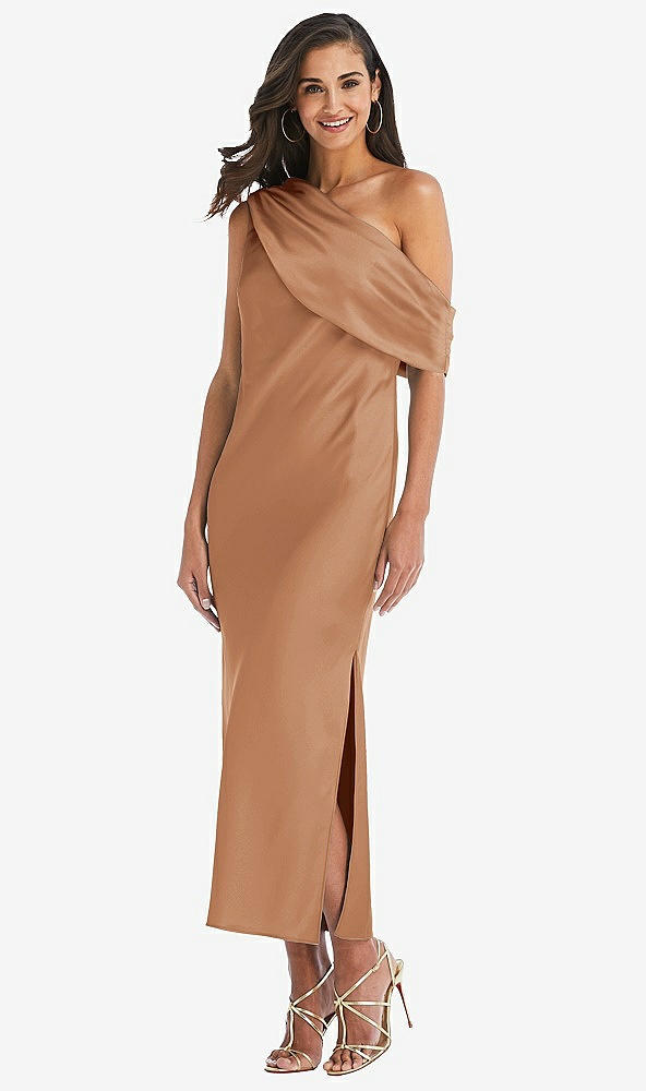 Front View - Toffee Draped One-Shoulder Convertible Midi Slip Dress