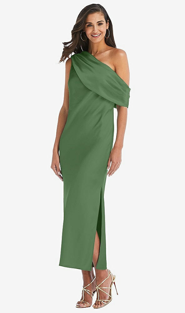 Front View - Vineyard Green Draped One-Shoulder Convertible Midi Slip Dress