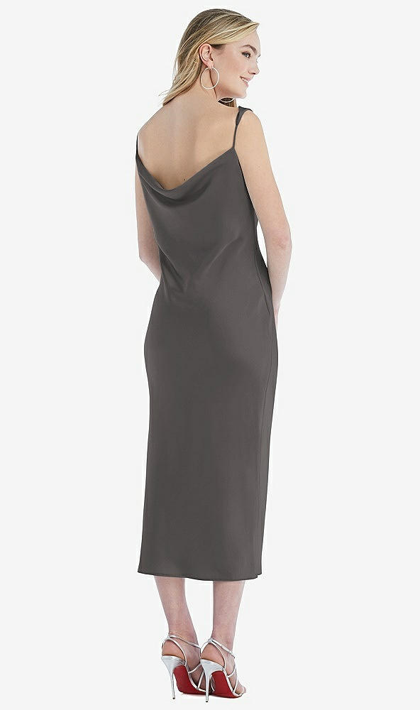 Back View - Caviar Gray Asymmetrical One-Shoulder Cowl Midi Slip Dress