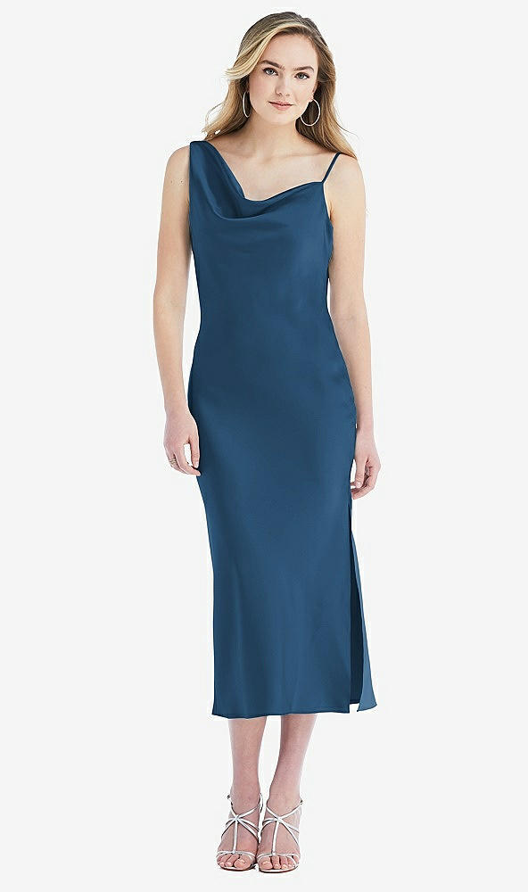 Front View - Dusk Blue Asymmetrical One-Shoulder Cowl Midi Slip Dress