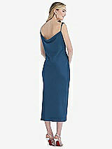 Rear View Thumbnail - Dusk Blue Asymmetrical One-Shoulder Cowl Midi Slip Dress