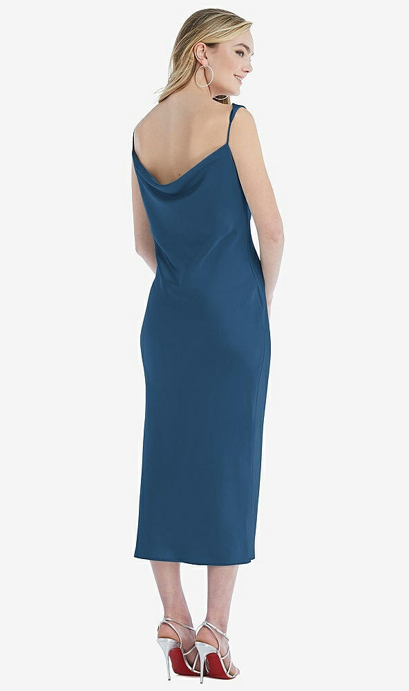 Back View - Dusk Blue Asymmetrical One-Shoulder Cowl Midi Slip Dress