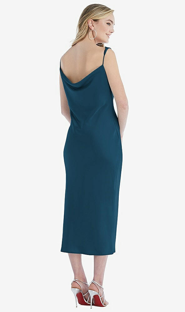 Back View - Atlantic Blue Asymmetrical One-Shoulder Cowl Midi Slip Dress