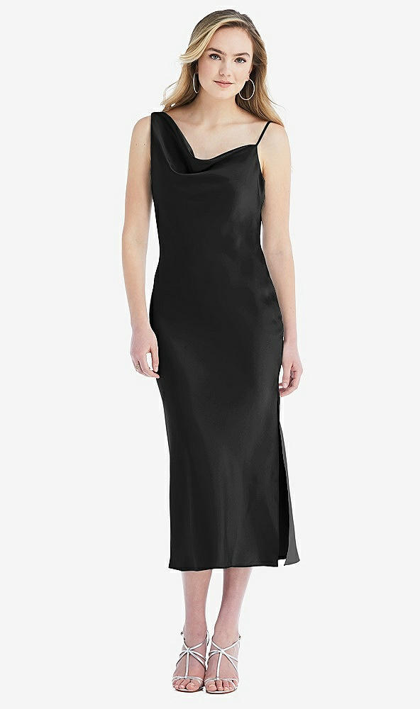 Front View - Black Asymmetrical One-Shoulder Cowl Midi Slip Dress