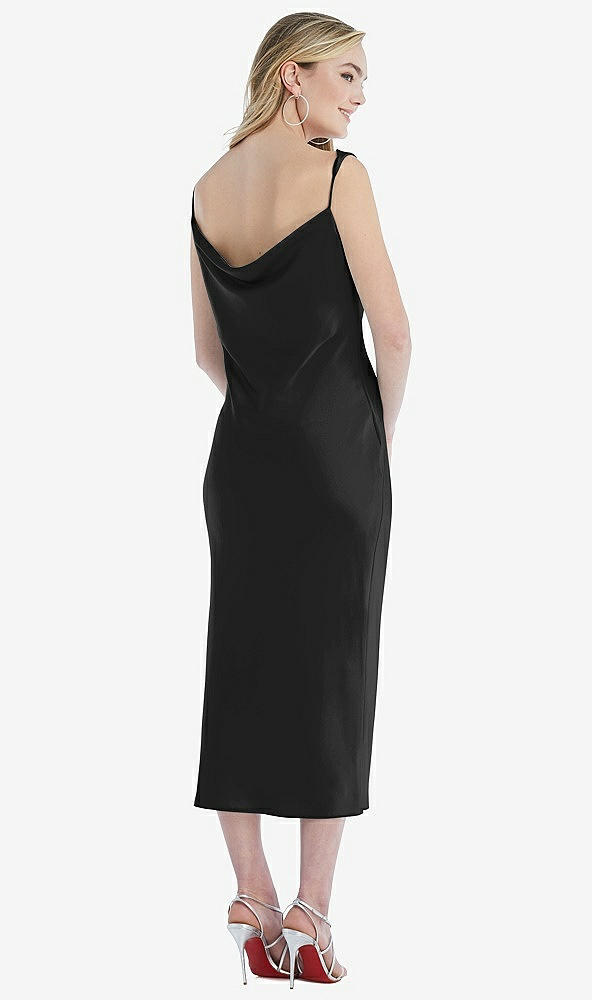 Back View - Black Asymmetrical One-Shoulder Cowl Midi Slip Dress