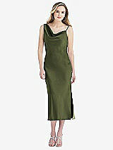 Front View Thumbnail - Olive Green Asymmetrical One-Shoulder Cowl Midi Slip Dress