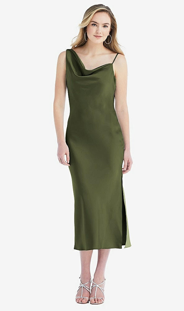 Front View - Olive Green Asymmetrical One-Shoulder Cowl Midi Slip Dress
