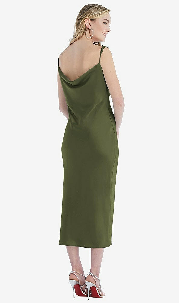 Back View - Olive Green Asymmetrical One-Shoulder Cowl Midi Slip Dress