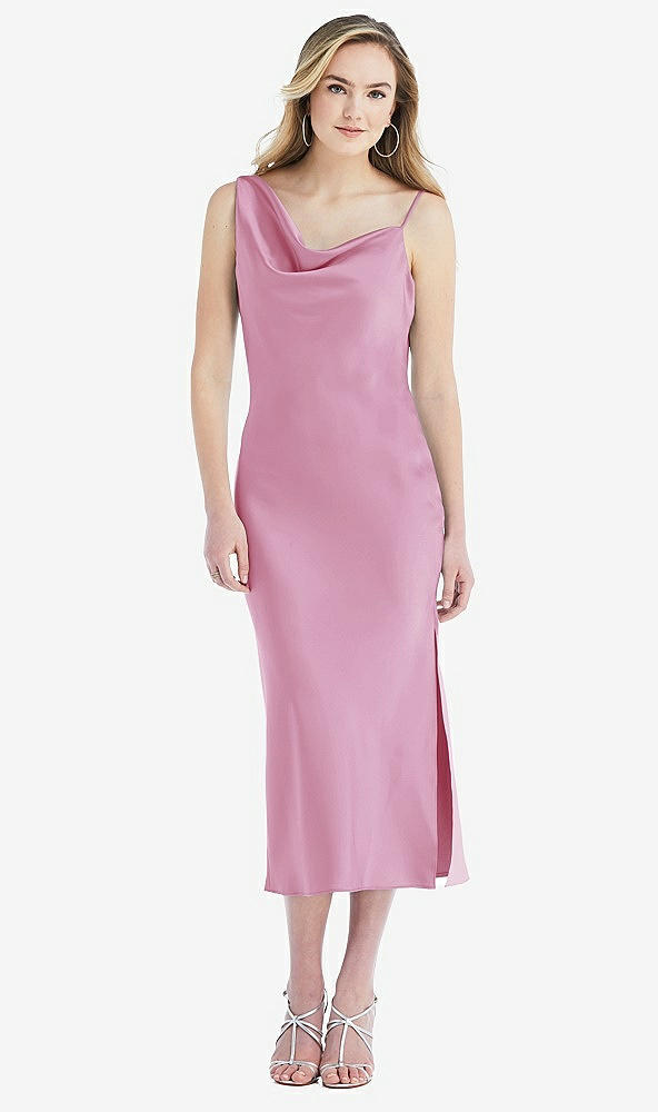 Front View - Powder Pink Asymmetrical One-Shoulder Cowl Midi Slip Dress
