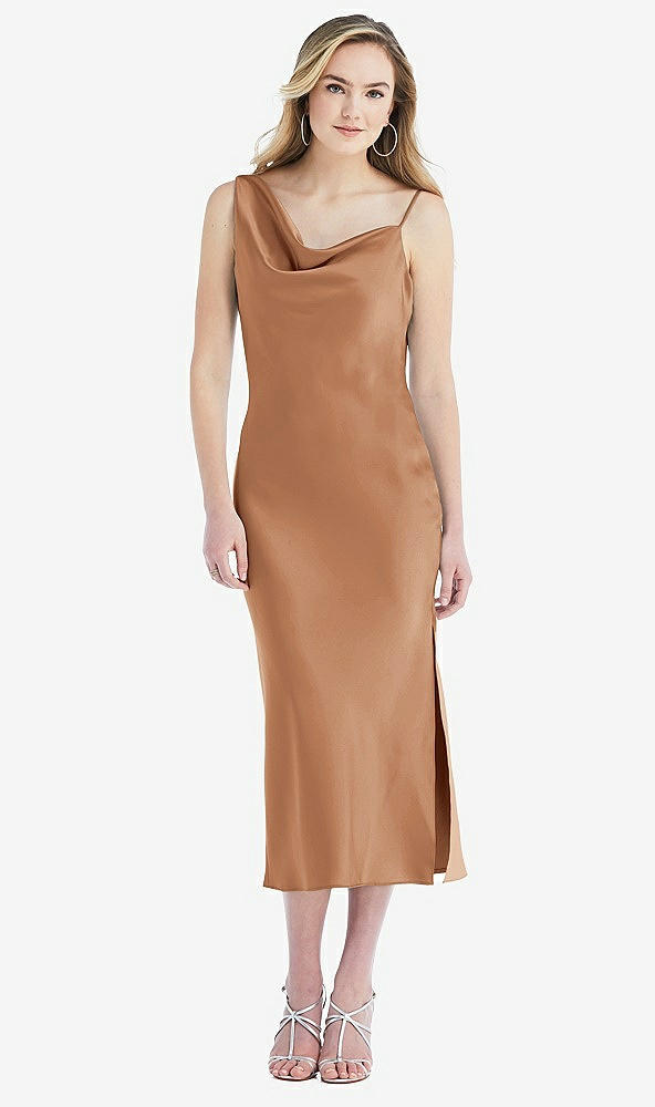 Front View - Toffee Asymmetrical One-Shoulder Cowl Midi Slip Dress