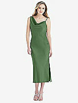 Front View Thumbnail - Vineyard Green Asymmetrical One-Shoulder Cowl Midi Slip Dress