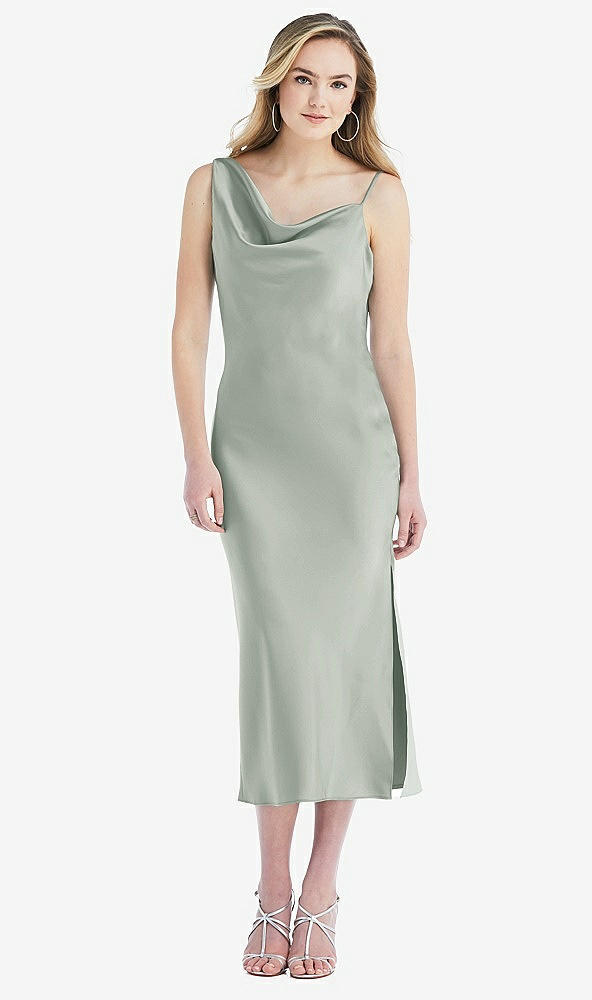 Front View - Willow Green Asymmetrical One-Shoulder Cowl Midi Slip Dress