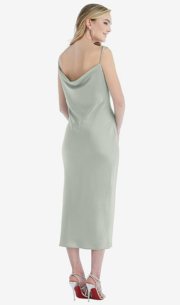 Back View - Willow Green Asymmetrical One-Shoulder Cowl Midi Slip Dress