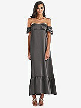 Front View Thumbnail - Caviar Gray Ruffled Off-the-Shoulder Tiered Cuff Sleeve Midi Dress