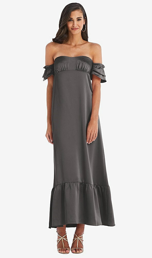 Front View - Caviar Gray Ruffled Off-the-Shoulder Tiered Cuff Sleeve Midi Dress