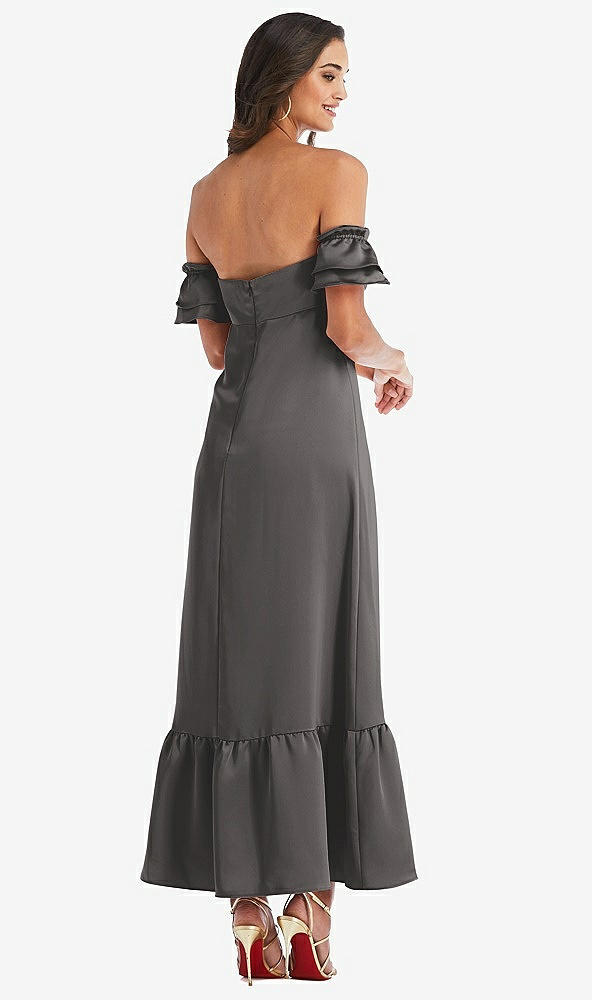 Back View - Caviar Gray Ruffled Off-the-Shoulder Tiered Cuff Sleeve Midi Dress