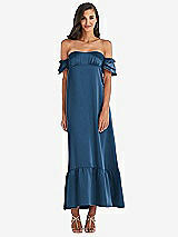 Front View Thumbnail - Dusk Blue Ruffled Off-the-Shoulder Tiered Cuff Sleeve Midi Dress